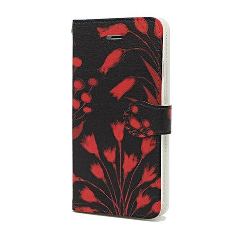 帳型スマホはめ込み式ケース・ベルト有り　シックなレッド 赤い野の花柄　シルエットflower赤/黒地　送料無料
