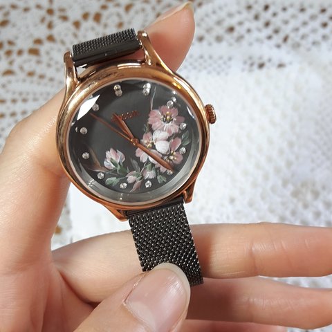 桜の花のハンドペイント腕時計ピンクゴールド