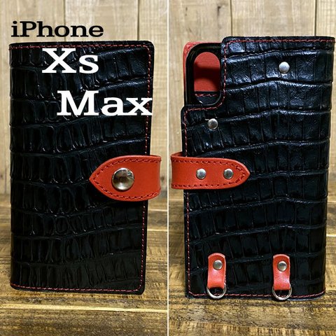 送料無料 手帳型 スマホケース iPhone Xs Max 用 クロコ型押し 革 ブラック レッド 赤糸