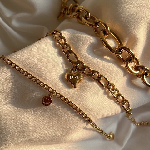 【3set】gold bracelet［GKB026］/ ステンレス　ステンレスブレスレット　夏ブレスレット　重ね付けブレスレット　ゴールド　チェーンブレスレット