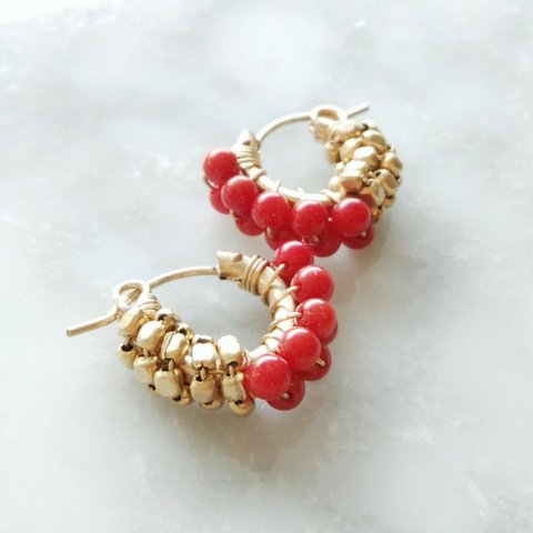 送料無料14kgf*Red Coral gold bi-color wraped pierced earring / earring