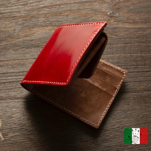【イタリアンレザー】 Ibiza+Maya　手縫い二つ折り財布　レッドxブラウン