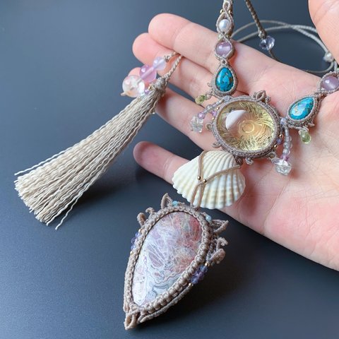 lemon quartz × clamshell × crazy lace agate / macrame necklace #マクラメネックレス#