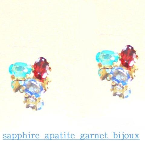 - natu no sizuku - Spphire & Apatite & Garnet Earrings