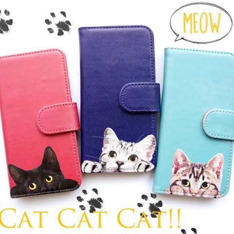 手帳型 | Cat Cat Cat! 可愛い 猫のしっぽがチラリ 選べる3色 シンプルデザイン 各機種ケース対応<スマホケース iphoneケース アイフォンケース スマホカバー iphoneカバー>