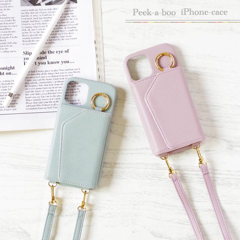 iPhone13 ショルダー＆ミラー付✳︎Blue gray or Ash pink♡iPhone 背面カバー くすみカラー ケース