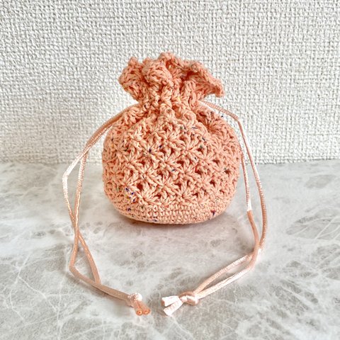 手編み まんまるミニ巾着 ミニポーチ ◆ 桜 ピンク