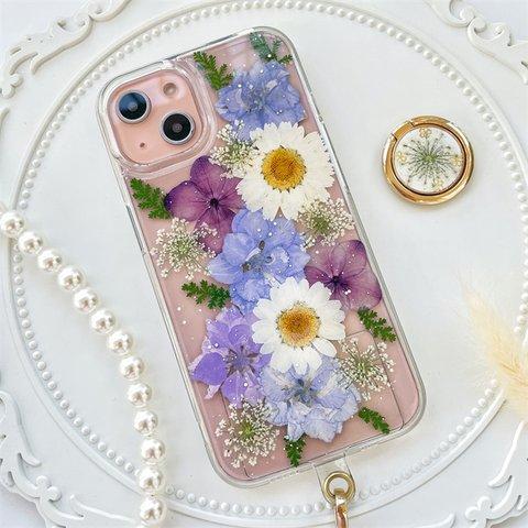 押し花スマホケース、全機種対応、紫陽花、ストラップホルダ一、iFace風、手帳型、iPhone14、iPhone14Pro、iPhone14plus、iPhone13、iPhone12