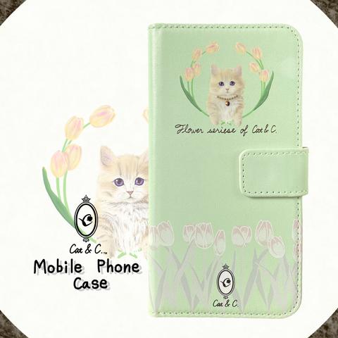 首輪をつけた 子猫の 手帳型スマホケース チューリップver. ~フラワーシリーズ of Cat&C. ~