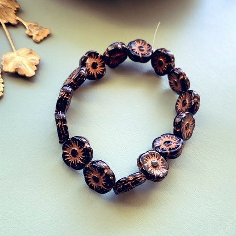 【1連15コセット】JIRI＊IVANA#czech beads#チェコビーズ　flower11㍉ jet black/copper(capri)24j