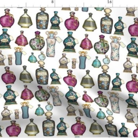 香水瓶柄 コスメ柄 宝石柄 香水瓶 パフュームボトル 手芸 生地 輸入生地 布 布地 コットン 綿 ハンドメイド