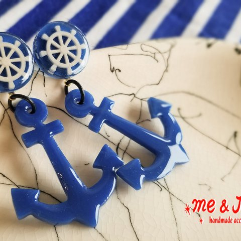 ⚓Rudder ＆ Anchor Retro Style Nautical Earringsピアス・イヤリング【ヴィンテージブルー】イカリピアス ・アンカーイヤリング⚓