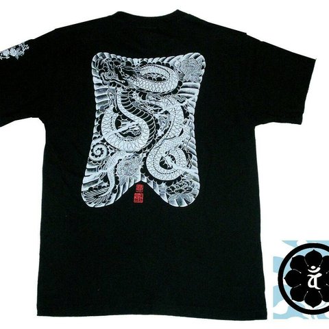 手描きプリントTシャツ「龍と牡丹」Ｓサイズ