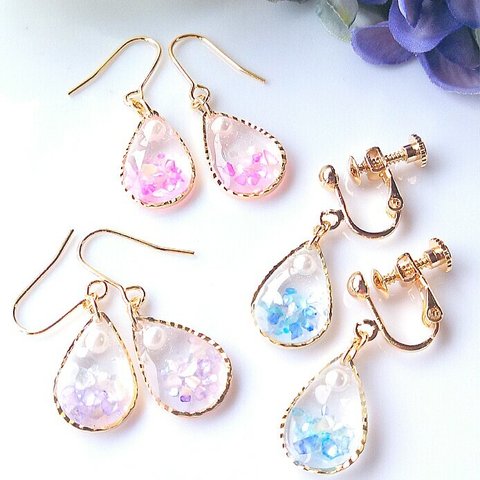 再販💕イヤリング💧しずく💧レジン　春夏　選べるイヤリング＆ピアス