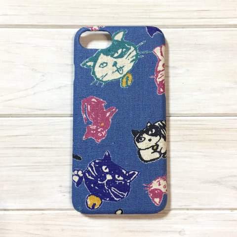 お絵かき猫柄 ブルー スマホケース【Xperia/GALAXY/iPhone】