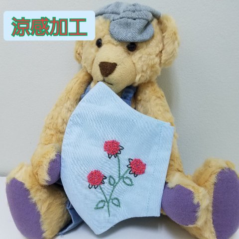 夏用☆冷感加工☆ お花 手刺繍マスク ブルー