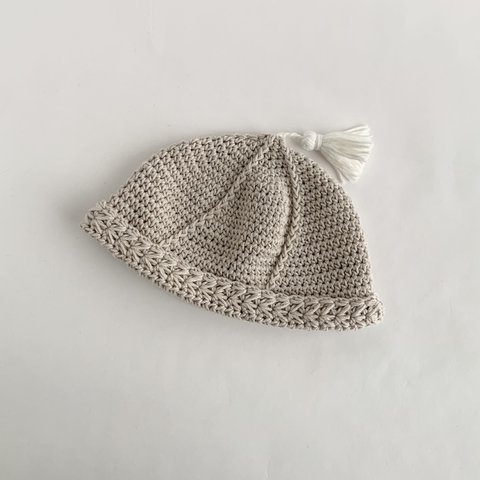 [受注制作]コットンどんぐり帽子[クリアベージュ]× タッセル[ホワイト]  洗える帽子 