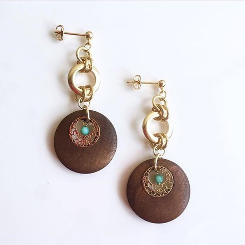 *botanical* wood×turquoise 月輪 ピアス