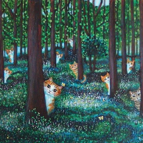 ★よぴさま専用★原画 「茶トラ猫キジトラ猫ひょっこりの森」 F10号  ＃オーダーメイド絵画 ＃ねこ ＃茶トラ ＃茶白 ＃キジトラ＃猫の絵 ＃黄色い蝶の絵 ＃ひょっこり猫 ＃森の絵 ＃アート