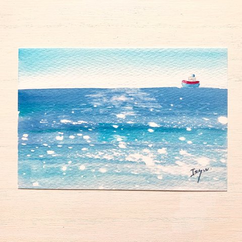 透明水彩画「静かな海」北欧イラストポストカード2枚セット 絵ハガキ　海　癒し　船