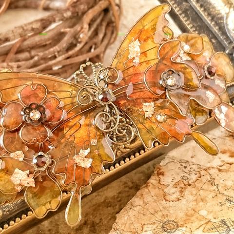 琥珀色の花と蝶バレッタ（Hair ornaments butterfly&flower～amber color～）