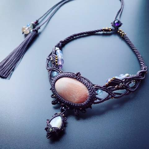 scolecite × white shell / bohemian necklace #マクラメネックレス#