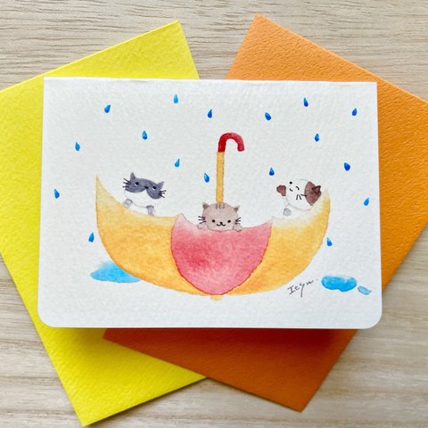 ☂️透明水彩画　2枚セット「楽しい雨の日」イラストミニカード  バースデーカード    猫　ねこ　ネコ　キジネコ　トラネコ　三毛猫　ハチワレ　梅雨　傘　母の日　父の日