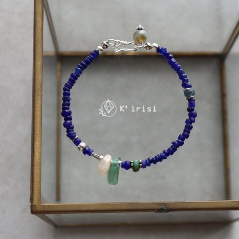 古代水晶 × ローマングラス × インドパシフィックビーズ アンティーク ブレスレット　/ 古の煌めきを纏う ＊瑠璃色