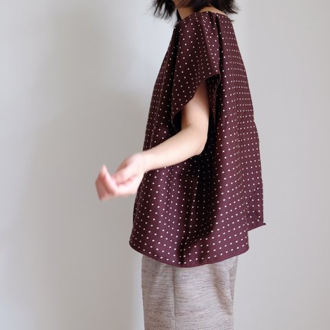 ◎ sale ◎ ワイドスクエアー ハーフスリーブ ブラウス /ポルカドット レーヨンシルク【ボルドー】ボートネック /wide square short sleeve shirt