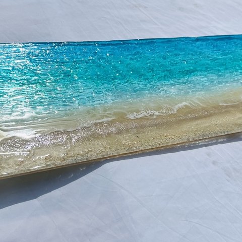 新作　現品有り　壁掛けアートパネル 壁飾り ロングビーチ　エメラルドグリーンの海　小波　90×25 レジンアートパネル　エポキシ波紋　