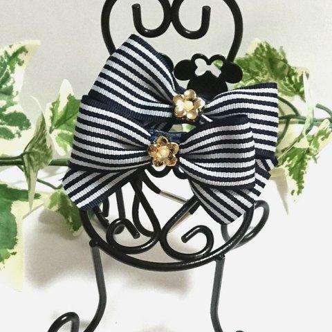 【送料込み】 galette ❇navy  ribbon ( stripe )  キッズ ヘアゴム      