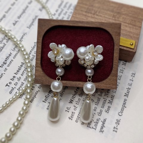 2way 小花 パールビジューイヤリング［earring］✰パール 花嫁 ブライダル 