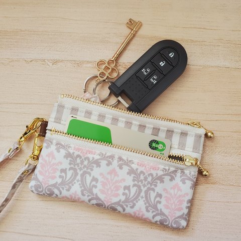 stripe× damask pink   キーポーチ　キーケース　スマートキーケース、カードキーケース、ラミネート生地で丈夫*°