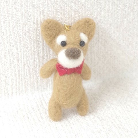 羊毛フェルト【犬】真っ赤な蝶ネクタイ柴犬ストラップ(キーホルダー)