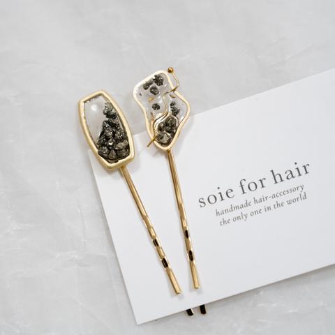 ストーンゴールドピン（ヘアピン）２本セット　長さ：約6.5cm × 幅：約1cm　ハンドメイドヘアアクセサリー 【soie for hair】Loufreasy × gorogoro gallery