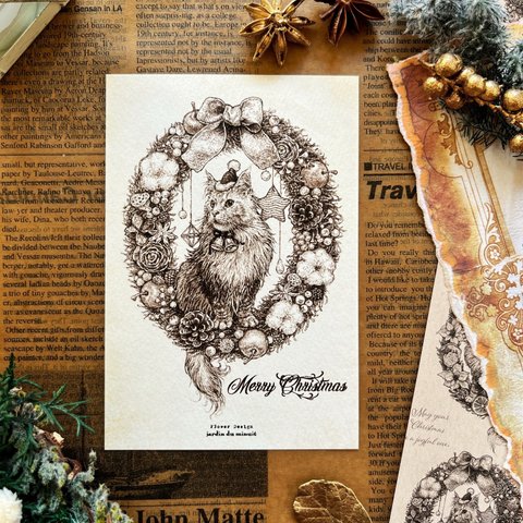 アンティーク調ポストカード 『猫と松ぼっくり、綿花と林檎のクリスマスリース』　２枚セット    