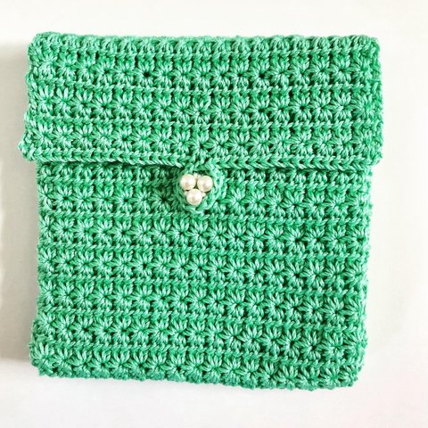 クロッシェポーチ(ミントグリーン)星月夜　　　　　　　　Crochet pouch (mint green) starry night