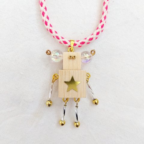 お団子ロボットの華やかネックレス☆木のハンドメイドアクセサリー