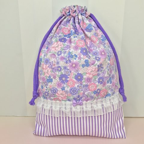 ハンドメイド ●巾着●シューズ袋●上履き袋●お花リボン×ラベンダーストライプ