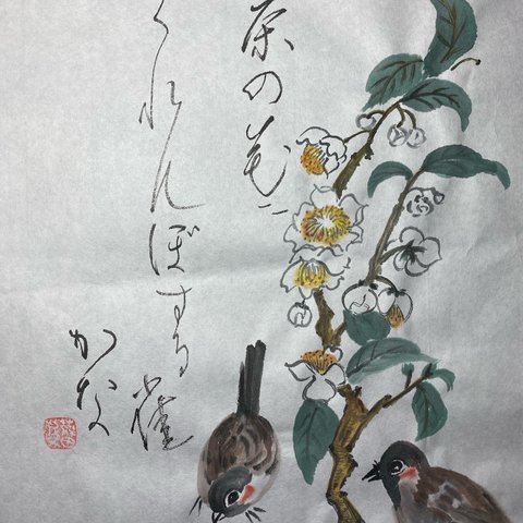 茶の花に雀