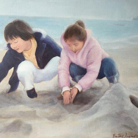 「幼い日、浜辺の砂遊び」F10号油絵原画、送料込み