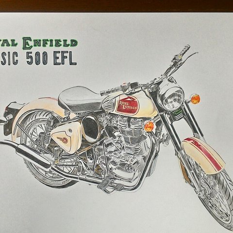 029. オートバイ 色鉛筆画  2Lサイズ Royal Enfield classic 500 EFL