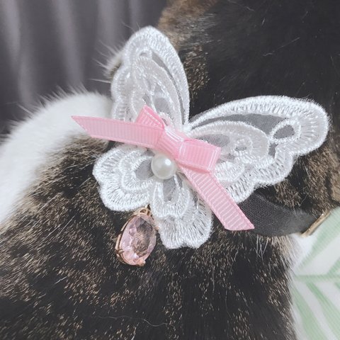 猫ちゃんの首輪〜刺繍レース蝶々ピンク〜