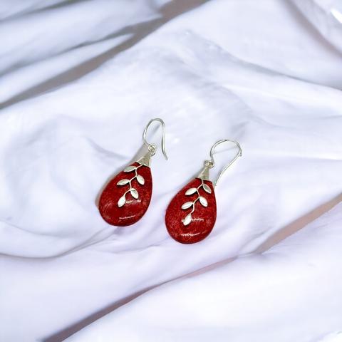 Red Coral Drop with Leaves 赤珊瑚 葉っぱ 銀線細工 水滴 ピアス 海からの贈り物 情熱