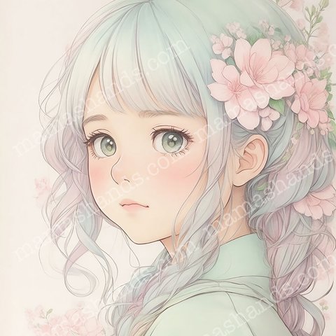 パステルカラー 女の子とお花 の イラスト アート SNSアイコン （デジタルコンテンツ ダウンロード販売）