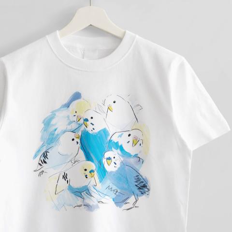  Tシャツ（オクムラミチヨ / ブルー＆ホワイトないろいろセキセイインコ）