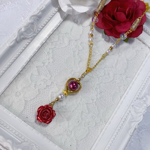 【N74】赤薔薇のアンティークネックレス ( ネックレス ゴールド 赤 レッド 赤薔薇 )