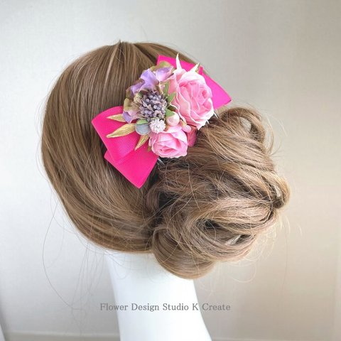 ピンクの薔薇とパールのリボンコーム　フラメンコ　お花のコーム　浴衣髪飾り　髪飾り　卒業袴　ダンス髪飾り