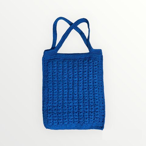 367　小さいぺったんかぎ針編み手提げバッグ　ブルー