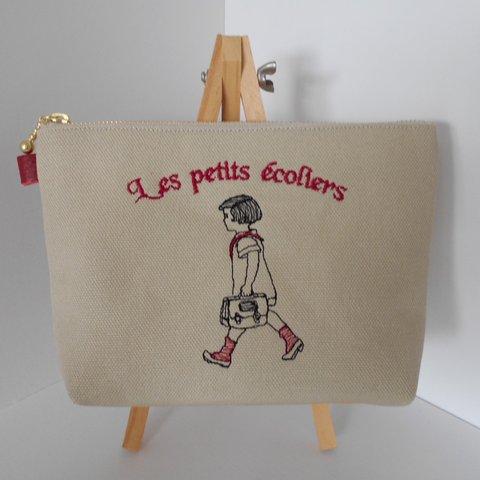 通学のフランスの女の子刺繍の帆布のポーチ　レッド１６㎝18㎝２０㎝